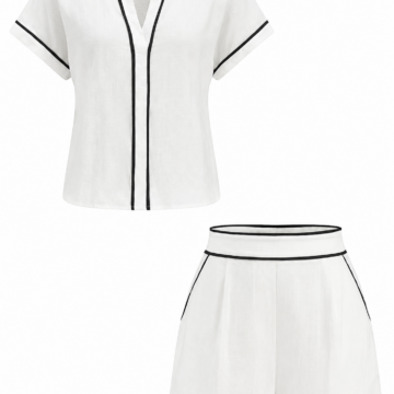 White Short-Sleeve Top and Shorts Two-Piece Set with Black Piping