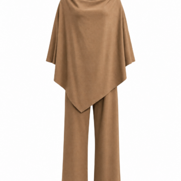 Camel Brown Cowl-Neck Top and Wide-Leg Pants Two-Piece Set