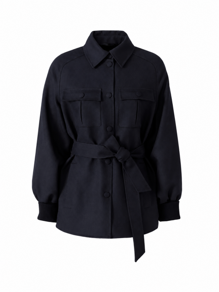 Black Belted Collared Button-Front Jacket