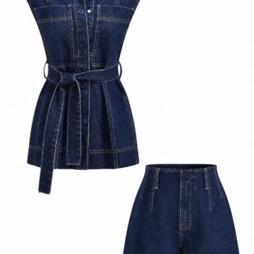 Dark Indigo Denim Sleeveless Top and High-Waisted Shorts Two-Piece Set