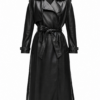 Black Pebbled Faux-Leather Longline Trench Coat