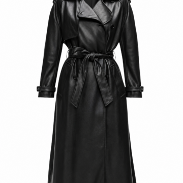 Black Pebbled Faux-Leather Longline Trench Coat