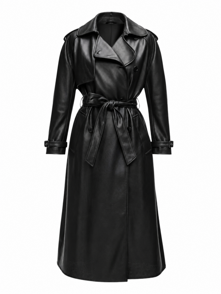 Black Pebbled Faux-Leather Longline Trench Coat