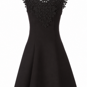 Black Sleeveless A-Line Dress with Crochet Lace Yoke and Scalloped Hem