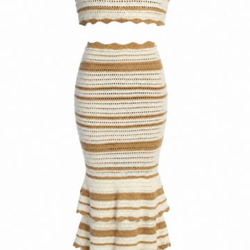Cream and Tan Striped Open-Knit Top and Maxi Skirt Set