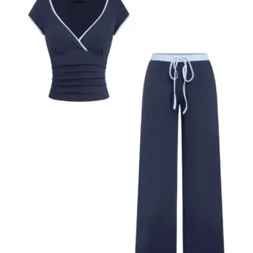 Dark Navy Ruched Top and Wide-Leg Pants Set with Light Blue Piping