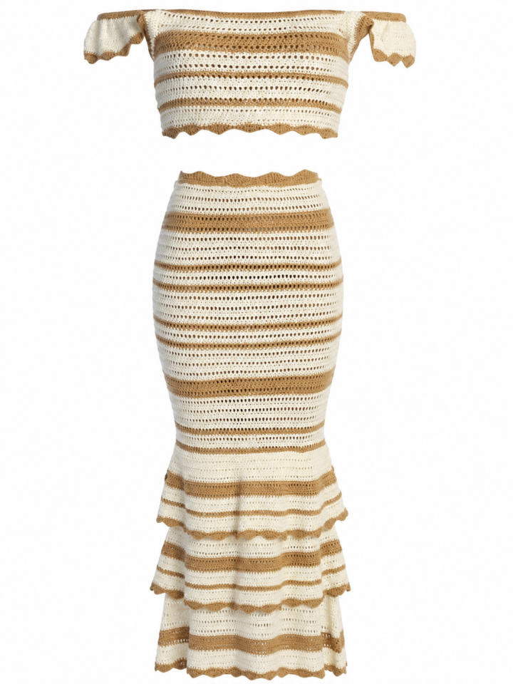 Cream and Tan Striped Open-Knit Top and Maxi Skirt Set