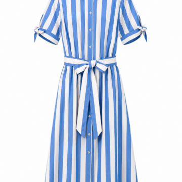 Blue and White Vertical Stripe Shirt Dress with Waist Tie