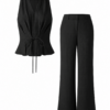 Black Sleeveless Collared Top and Wide-Leg Trousers Set