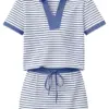 Blue and White Striped Polo Top and Mini Skirt Set
