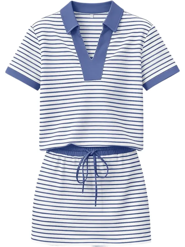 Blue and White Striped Polo Top and Mini Skirt Set