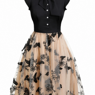 Black and Beige Tulle A-Line Dress with Bow