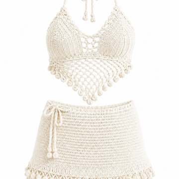 Off-White Crochet Halter Bralette and Mini Skirt Set with Pompom Fringe