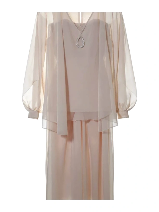 Beige Sheer Chiffon Tunic and Maxi Skirt Set