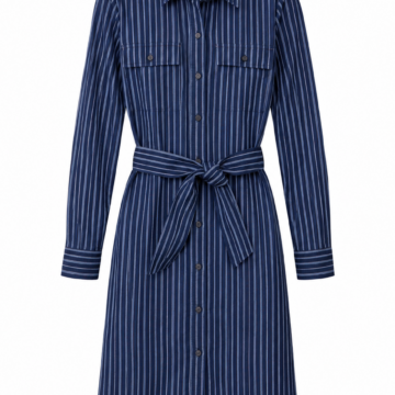 Navy Pinstripe Midi Shirt Dress with Collar and Belt