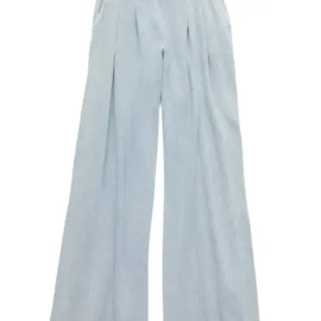 Light Blue Wide-Leg Flare Pants with Elastic Waist and Pleats