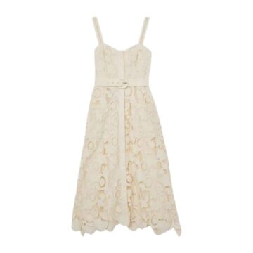 Cream Sleeveless Lace Midi Dress with Scalloped Hem and Belt