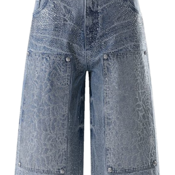 Light-Wash Rhinestone Wide-Leg Cropped Denim Pants with Frayed Hem